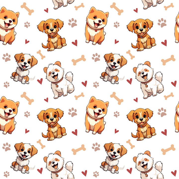 Pattern Featuring Cute Cartoon Dogs with Playful Bones and Hearts seamless PBR texture preview