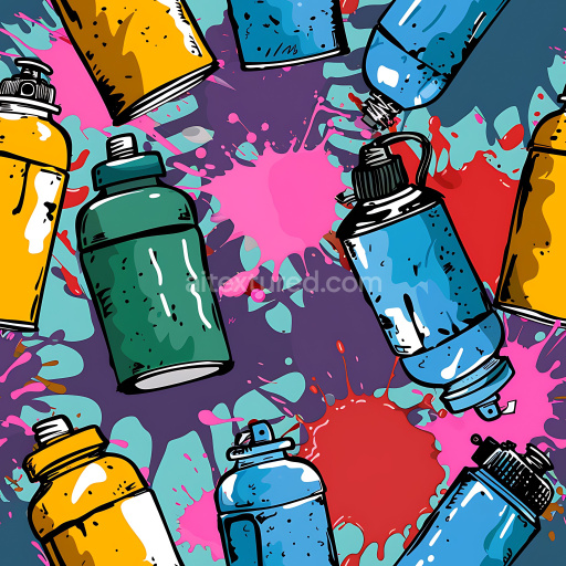Seamless 3D PBR Graffiti Texture Featuring Vibrant Spray Cans and Paint Splatters