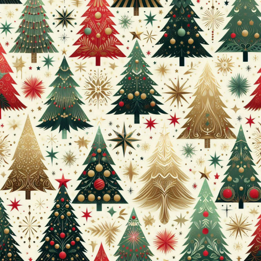 Seamless 3D PBR Christmas Digital Paper Texture Featuring Decorated Trees and Star Patterns