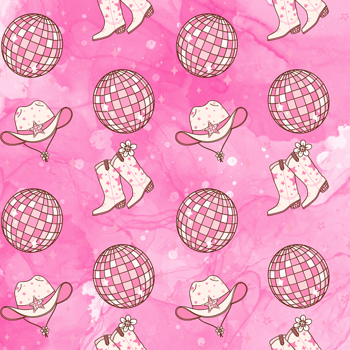Baby Girl of Pink Patterned Fabric with Cowboy Boots and Disco Balls seamless PBR texture preview