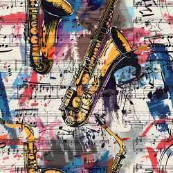 seamless Seamless 3D PBR Graffiti Texture Featuring Jazz Saxophones and Sheet Music Pattern texture 8k free download PBR