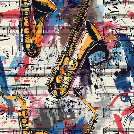 Seamless 3D PBR Graffiti Texture Featuring Jazz Saxophones and Sheet Music Pattern texture preview