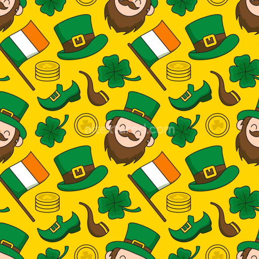 Seamless 3D PBR Texture Featuring St Patrick Cartoon Icons on Yellow