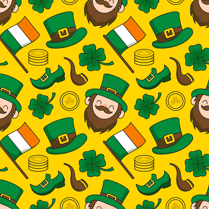 Featuring St Patrick Cartoon Icons on Yellow seamless PBR texture preview