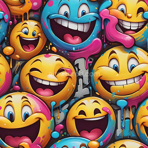 Preview — Seamless 3D PBR Graffiti Texture Featuring Vibrant Dripping Emoticon Faces in Yellow and Blue