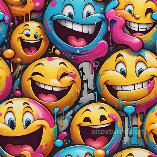 Seamless 3D PBR Graffiti Texture Featuring Vibrant Dripping Emoticon Faces in Yellow and… texture preview