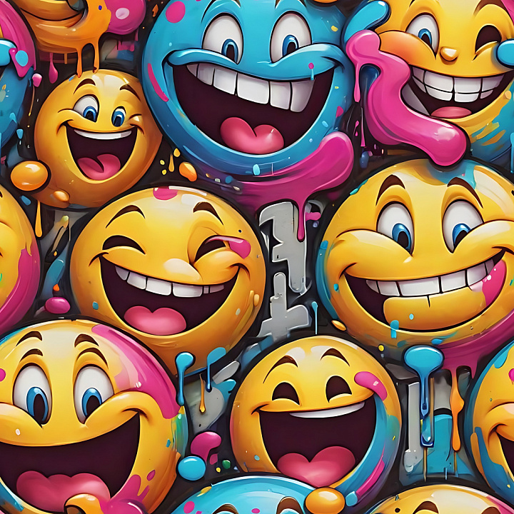 Graffiti Featuring Vibrant Dripping Emoticon Faces in Yellow and Blue seamless PBR texture preview