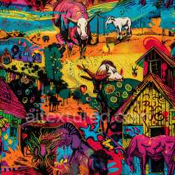 seamless Seamless 3D PBR Texture Featuring Colorful Graffiti Art of Animals and Village Scenes texture 8k free download PBR