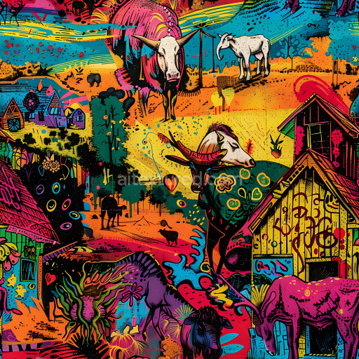 Seamless 3D PBR Texture Featuring Colorful Graffiti Art of Animals and Village Scenes