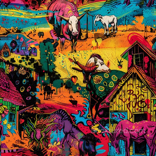 Seamless 3D PBR Texture Featuring Colorful Graffiti Art of Animals and Village Scenes texture preview
