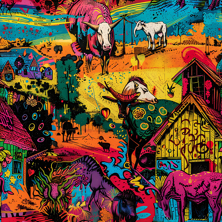 Featuring Colorful Graffiti Art of Animals and Village Scenes seamless PBR texture preview