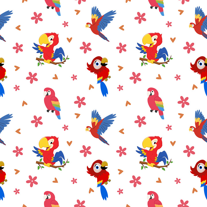 Pattern with Colorful Cartoon Parrots and Floral Motifs seamless PBR texture preview