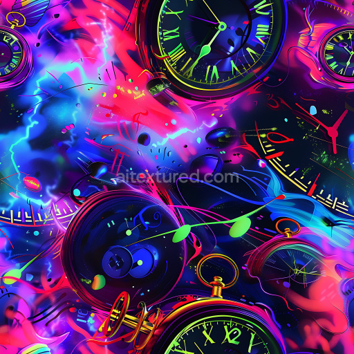 Seamless 3D PBR Graffiti Texture Featuring Neon Clocks and Vibrant Abstract Patterns