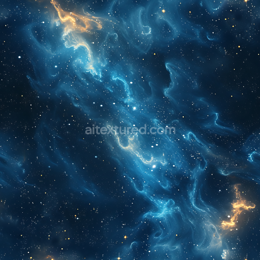 Seamless 3D Space PBR Texture Featuring Blue Nebula Clouds and Golden Glowing Highlights