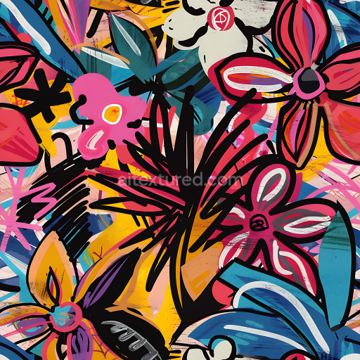 Seamless 3D PBR Texture with Vibrant Graffiti Flowers and Abstract Strokes
