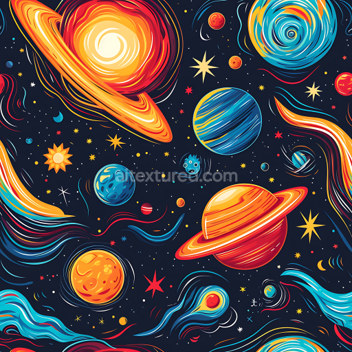 Seamless 3D Cartoon-Style Space PBR Texture with Vibrant Planets & Cosmic Elements