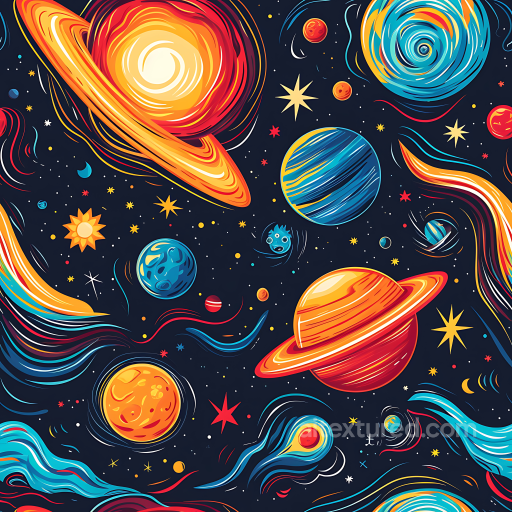 Cartoon-Style Space PBR Texture with Vibrant Planets & Cosmic Elements seamless Star, space, planets PBR texture