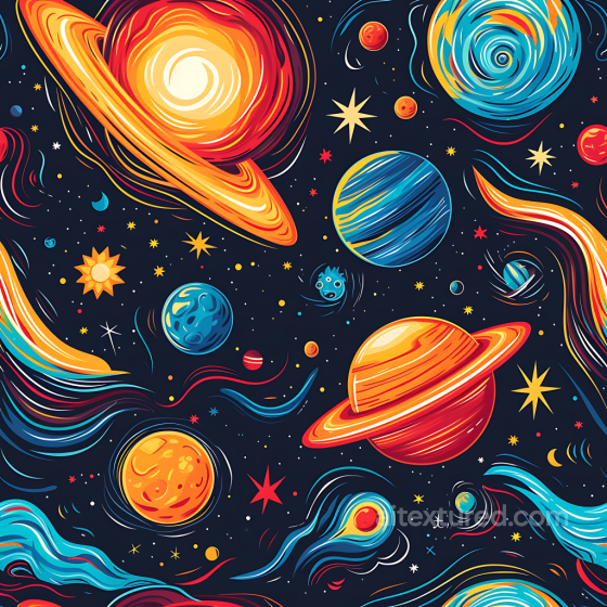 Cartoon-Style Space PBR Texture with Vibrant Planets & Cosmic Elements Star, space, planets texture preview