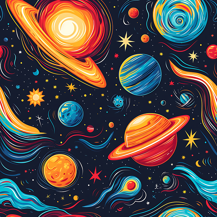 Cartoon-Style Space with Vibrant Planets & Cosmic Elements seamless PBR texture preview