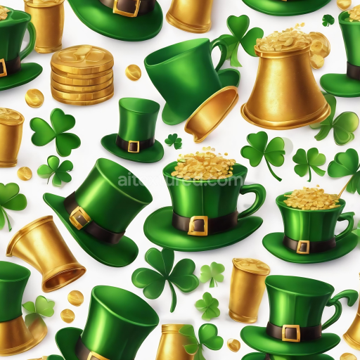 Seamless 3D PBR Texture Featuring St. Patrick's Green Leprechaun Hats and Gold Coin Motifs