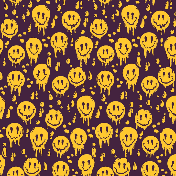 Happy Face Pattern of Dripping Yellow Smiley Face Pattern on Dark Purpl… seamless PBR texture preview