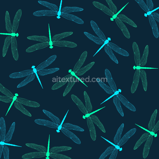 Seamless 3D PBR Texture of Blue-Green Dragonfly Wing Silhouettes on Dark Background