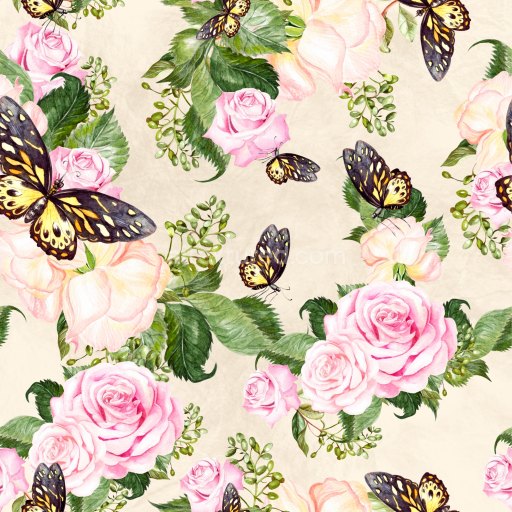 Seamless 3D PBR Floral Fabric Texture with Pink Roses and Butterflies