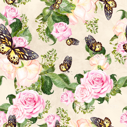 Floral Fabric Texture with Pink Roses and Butterflies seamless Flower PBR texture