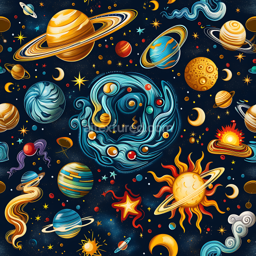 Seamless 3D Space PBR Texture Featuring Vibrant Planets, Stars & Cosmic Swirls