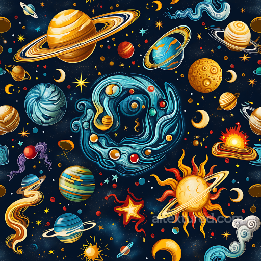 Space PBR Texture Featuring Vibrant Planets, Stars & Cosmic Swirls seamless Star, space, planets PBR texture