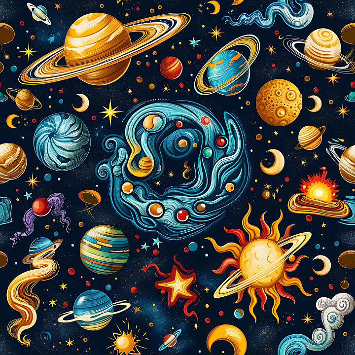 Space Featuring Vibrant Planets, Stars & Cosmic Swirls seamless PBR texture preview
