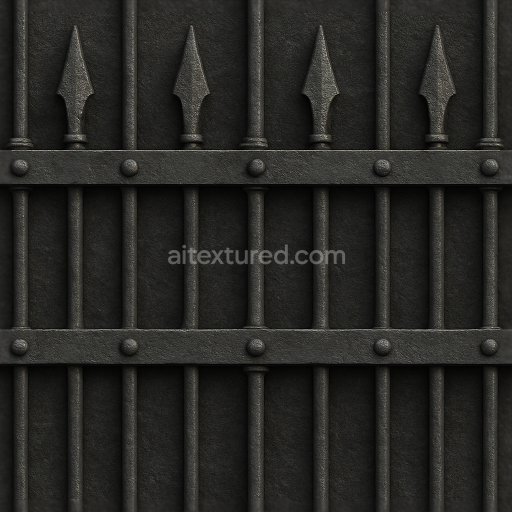 Seamless 8k 3d texture pbr black fence wrought iron with spiked fence and crossbeam metal bolts