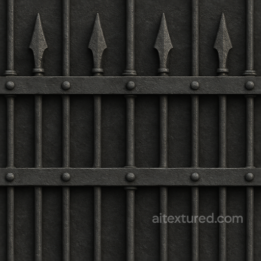 Seamless 8K 3D Texture PBR Black Fence Wrought Iron With Spiked Fence And Crossbeam Metal… seamless Fences PBR texture