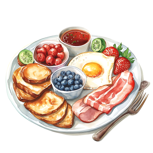 Brunch Platter Breakfast PNG Graphic Featuring Fried Egg, Bacon, Toast, and Fresh Berries