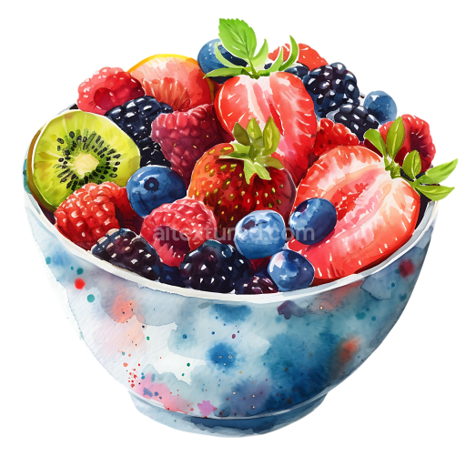 Watercolor Style Mixed Fruit and Berry Breakfast Bowl Illustration