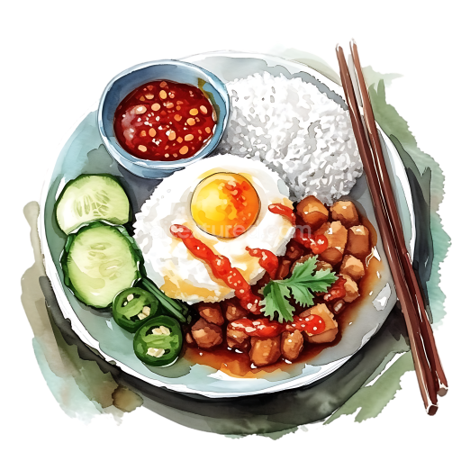 Watercolor Malaysian Nasi Lemak Breakfast with Sambal, Egg, and Rice