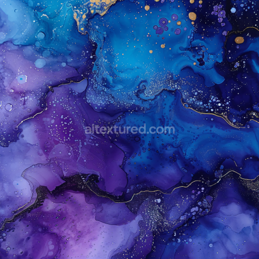 Seamless 3D Alcohol Ink PBR Texture with Blue and Purple Fluid Swirls and Gold Veins