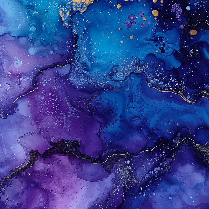Alcohol Ink with Blue and Purple Fluid Swirls and Gold Veins seamless PBR texture preview
