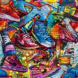 seamless Seamless 3D PBR Graffiti Texture Featuring Vibrant Sneakers on Urban Brick Wall texture 8k free download PBR