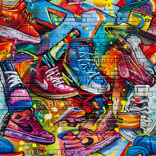 Seamless 3D PBR Graffiti Texture Featuring Vibrant Sneakers on Urban Brick Wall