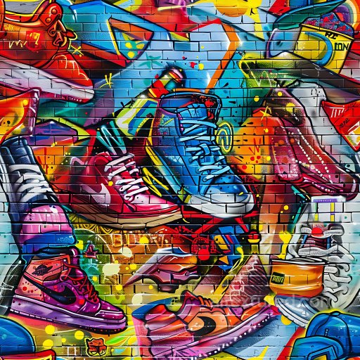 Seamless 3D PBR Graffiti Texture Featuring Vibrant Sneakers on Urban Brick Wall texture preview