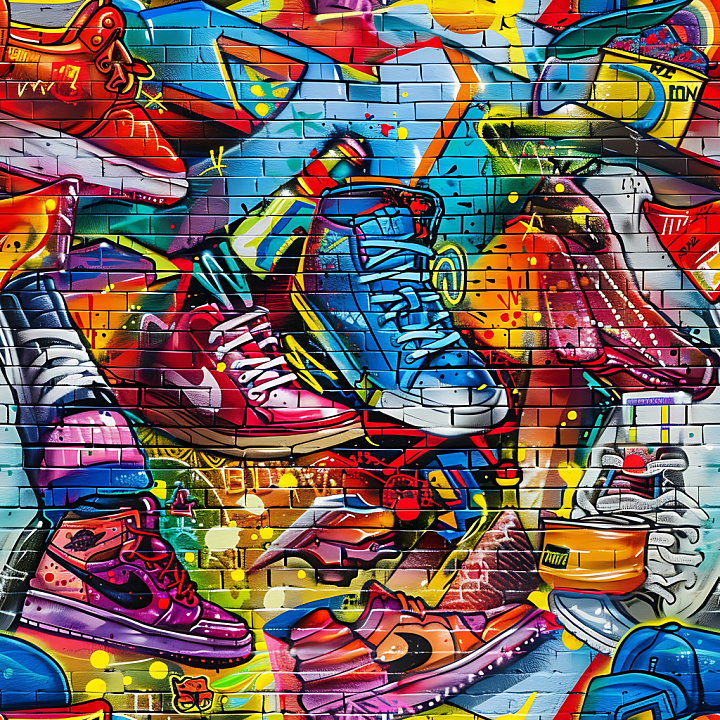Graffiti Featuring Vibrant Sneakers on Urban Brick Wall seamless PBR texture preview