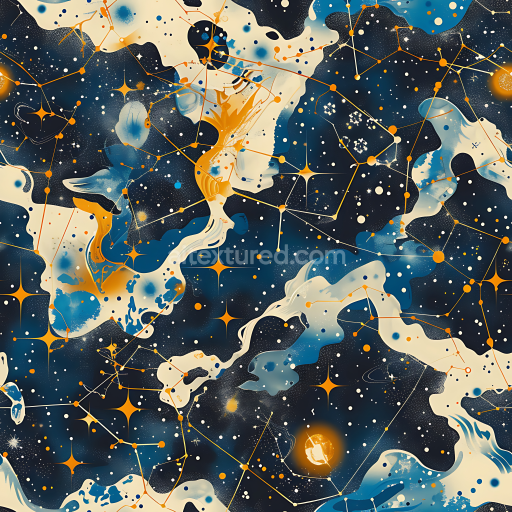 Seamless 3D cosmic star map camouflage PBR texture with navy blue and golden constellation pattern
