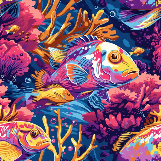 Seamless 3D PBR Graffiti Texture Featuring Colorful Underwater Fish and Coral