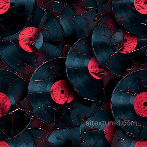cracked & holes PBR texture - shattered black vinyl records with red labels seamless Cracked & Holes PBR texture