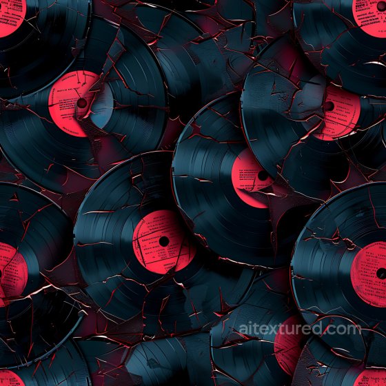 cracked & holes PBR texture - shattered black vinyl records with red labels Cracked & Holes texture preview