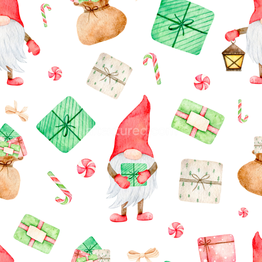 Seamless 3D PBR Watercolor Christmas Texture with Gnomes, Gifts & Candy