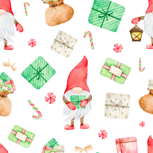Watercolor Christmas Texture with Gnomes, Gifts & Candy seamless Watercolor Christmas PBR texture