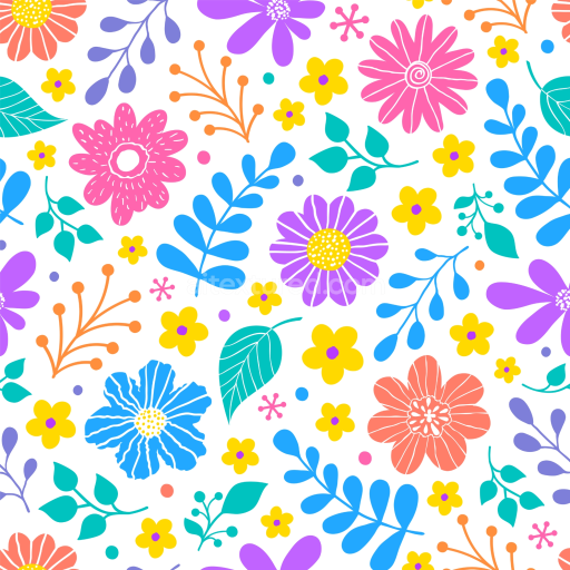 Seamless 3D PBR Floral Texture Featuring Colorful Hand-Drawn Flowers and Leaves