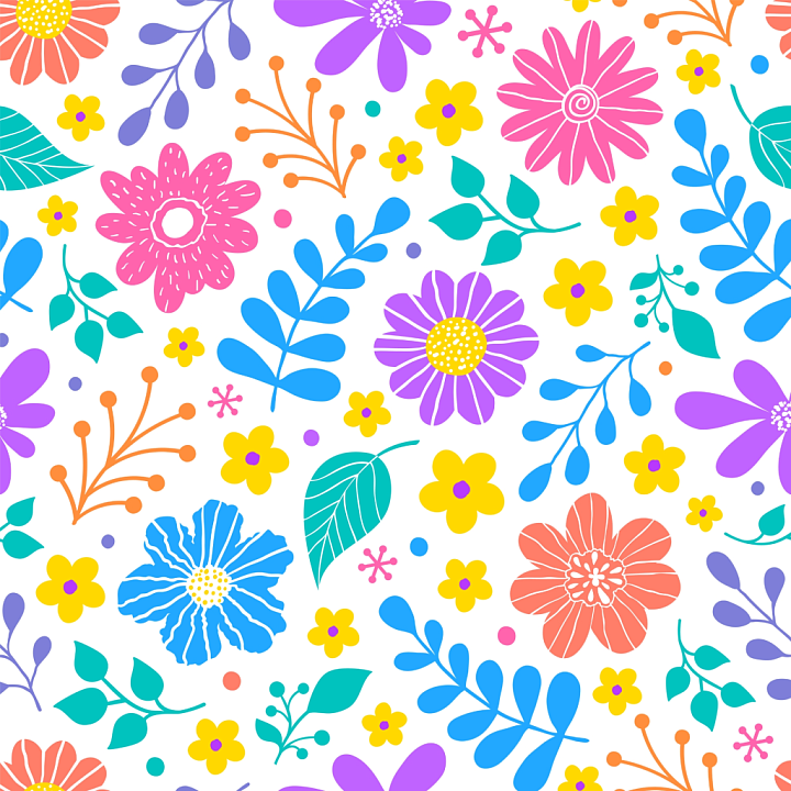 Floral Featuring Colorful Hand-Drawn Flowers and Leaves seamless PBR texture preview